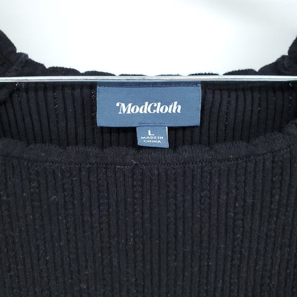 ModCloth Y2k Retro Ribbed Knit Black Scalloped Neck Cropped Stretchy Sweater L - Picture 5 of 8